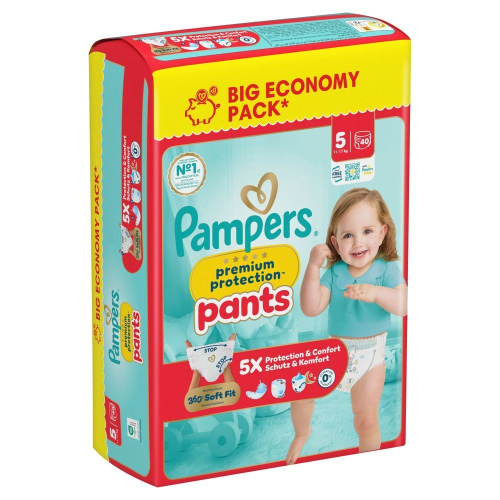 Das Bild zeigt 2 Produktabbildungen: Pampers Premium Protection und Premium Protection Pants mit der Information, dass jetzt mehr Windeln in einem Big Pack sind. Bis zu 19% mehr Windeln im Vergleich zur vorherigen Packung, abhÃ¤ngig von der WindelgrÃ¶Ãe. Abbildungen beispielhaft.
