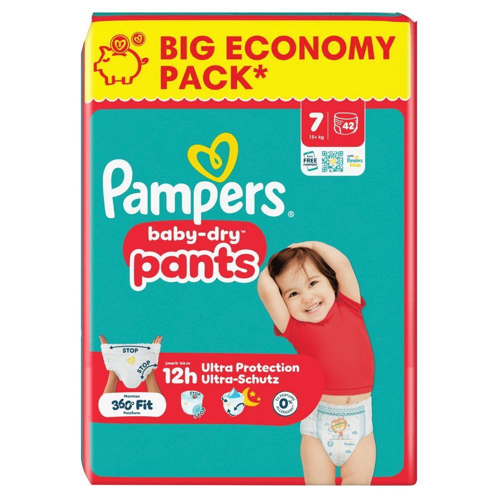 Das Bild zeigt 2 Produktabbildungen: Pampers Baby-Dry und Baby-Dry Pants mit der Information, dass jetzt mehr Windeln in einem Big Pack sind. Bis zu 18% mehr Windeln im Vergleich zur vorherigen Packung, abhängig von der WindelgröÃe. Abbildungen beispielhaft.