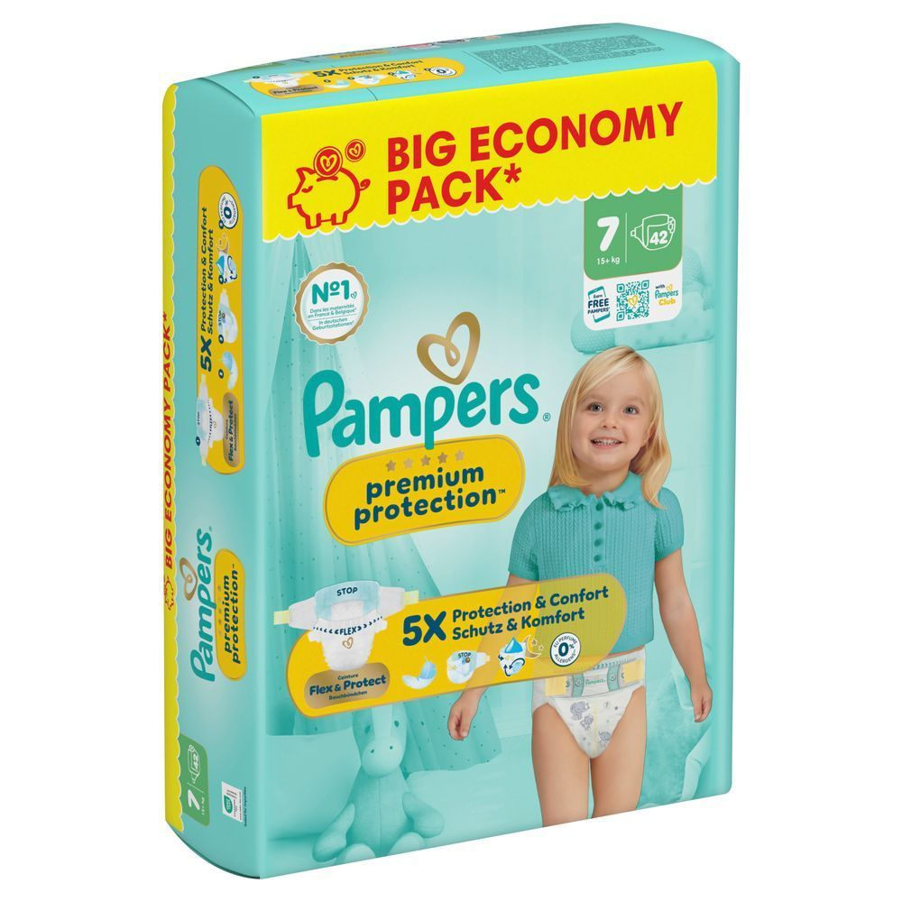 Das Bild zeigt 2 Produktabbildungen: Pampers Premium Protection und Premium Protection Pants mit der Information, dass jetzt mehr Windeln in einem Big Pack sind. Bis zu 19% mehr Windeln im Vergleich zur vorherigen Packung, abhÃ¤ngig von der WindelgrÃ¶Ãe. Abbildungen beispielhaft.