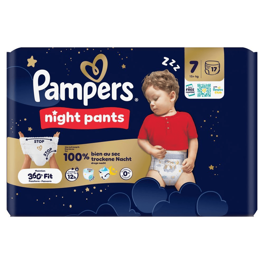 Pampers Night Pants Verpackung, die den Aufdruck 100% trockene Nacht hervorhebt.