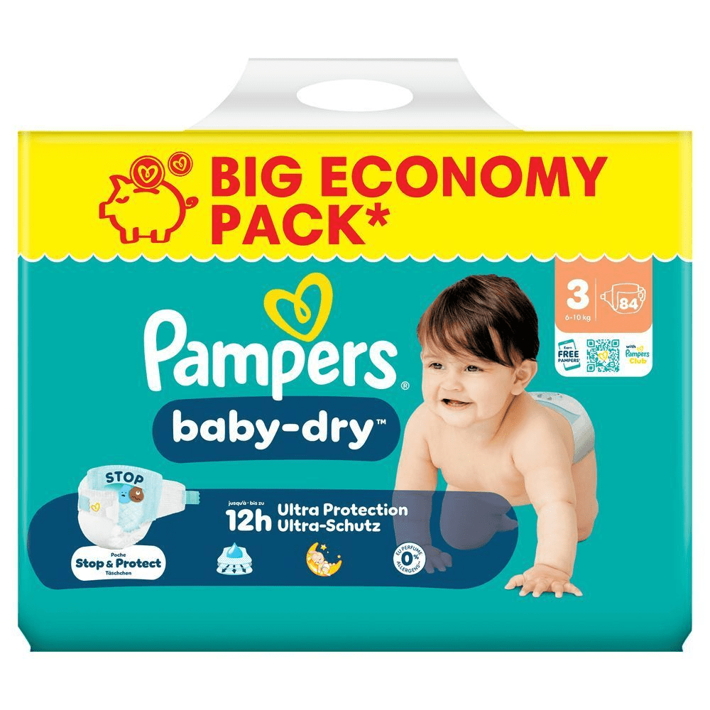Pampers Baby-Dry Windeln im Big Economy Pack, das 12 Stunden Ultra-Schutz und eine Stop & Protect Tasche bietet.