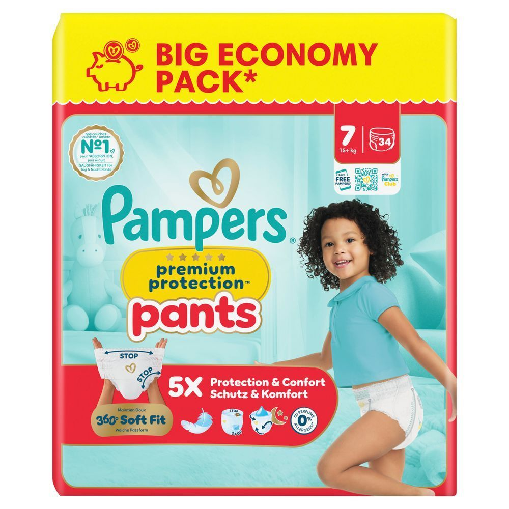 Das Bild zeigt 2 Produktabbildungen: Pampers Premium Protection und Premium Protection Pants mit der Information, dass jetzt mehr Windeln in einem Big Pack sind. Bis zu 19% mehr Windeln im Vergleich zur vorherigen Packung, abhÃ¤ngig von der WindelgrÃ¶Ãe. Abbildungen beispielhaft.