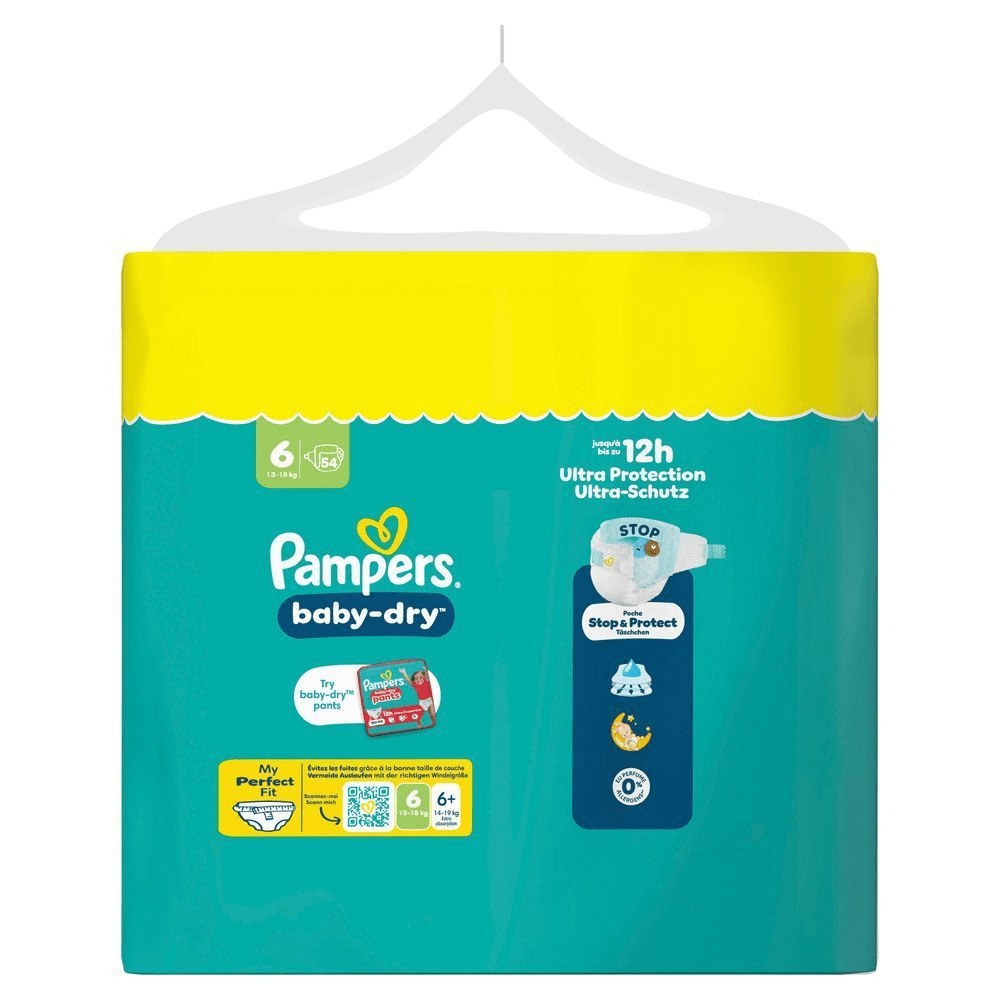 Pampers Baby-Dry Windeln im Big Economy Pack, hervorgehoben wird der 12h Ultra-Schutz.