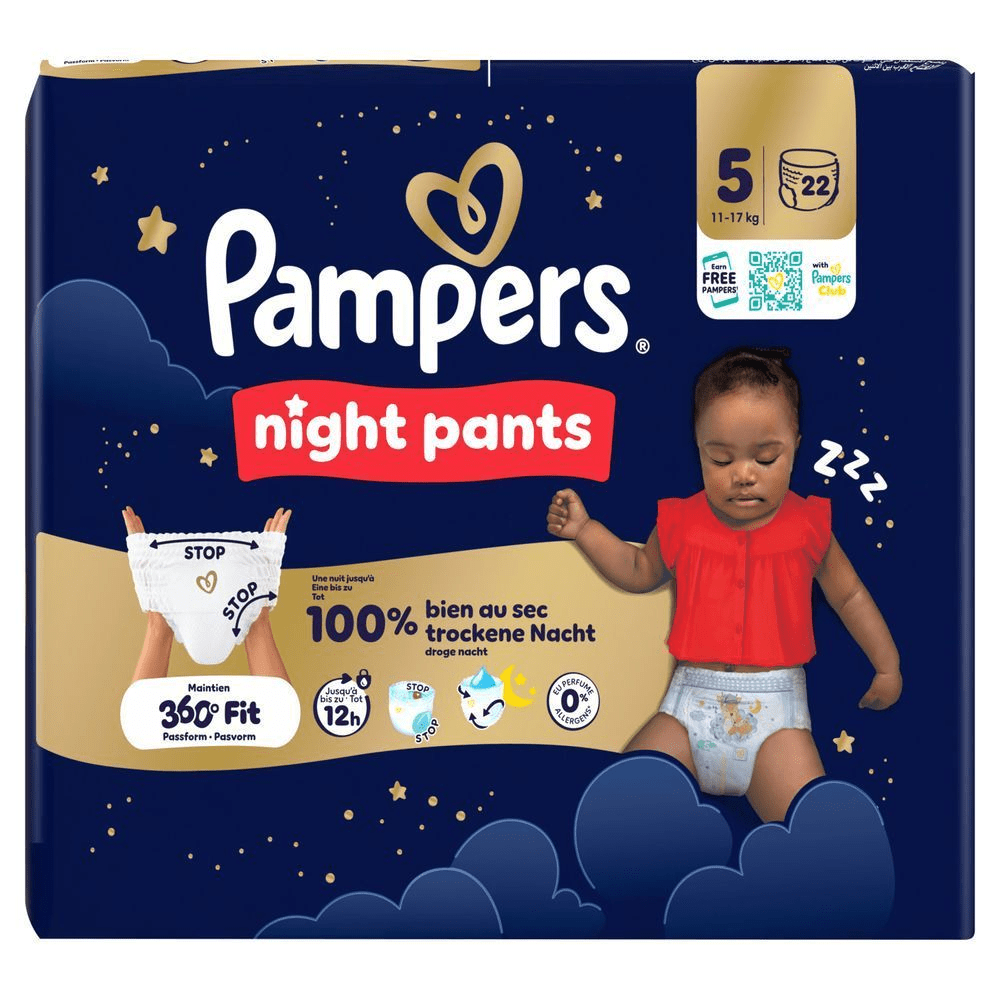 Pampers Night Pants Größe 5, Verpackung, die 100% trockene Nacht verspricht.
