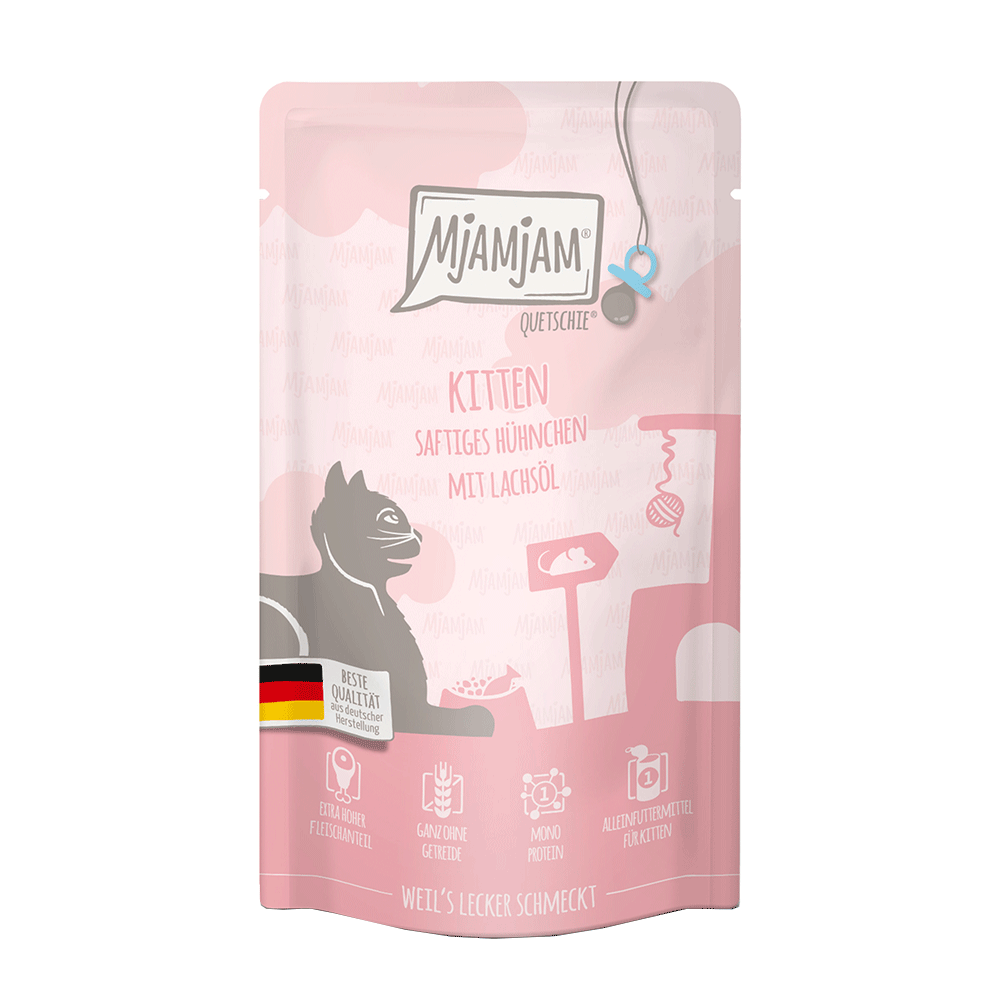 Bild: Mjamjam Quetschie Kitten Saftiges Hühnchen mit Lachsöl 