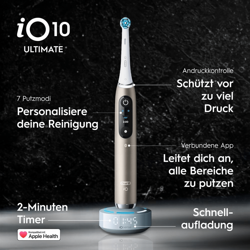 Goldene iO10 Zahnbürste auf iOsense Ladestation; 7 Modi, Timer, App, Schnellladung.