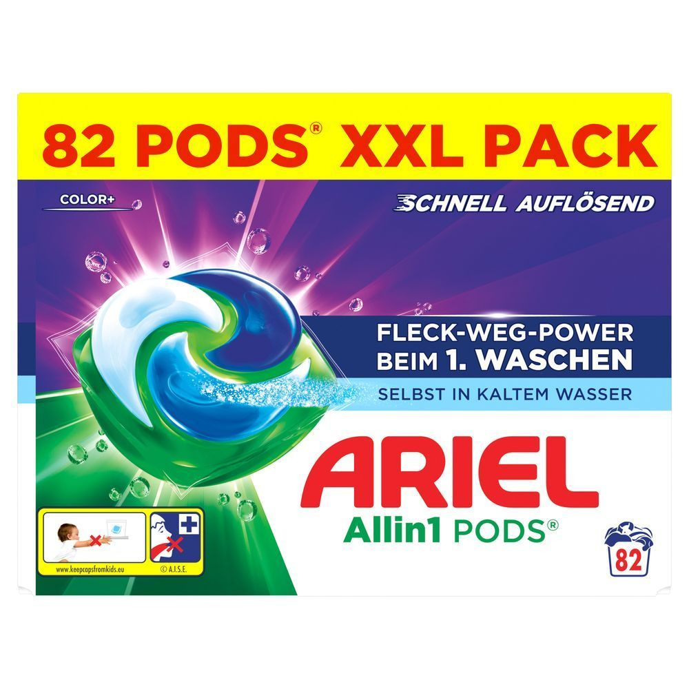 Ariel Color+ Flüssigwaschmittelkapseln, 82 Wäschen, Fleck-Weg-Power beim 1.Waschen, Sofortwirkung selbst in kaltem Wasser. [IT] Ariel Allin1 PODS confezione XXL da 82, con claim Fleck-Weg-Power beim 1. Waschen (Potere smacchiante al primo lavaggio).