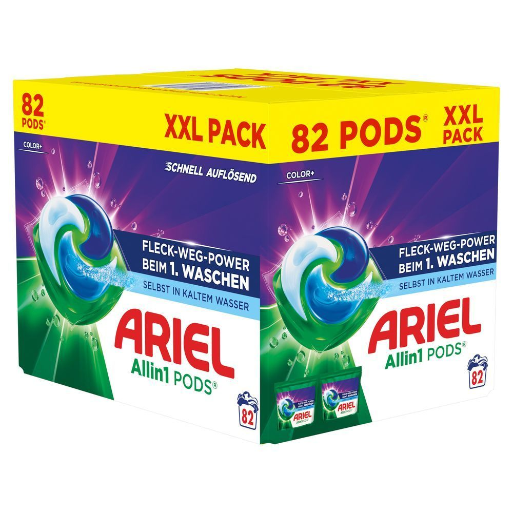 Ariel Color+ Flüssigwaschmittelkapseln, 82 Wäschen, Fleck-Weg-Power beim 1.Waschen, Sofortwirkung selbst in kaltem Wasser. [IT] Ariel Allin1 Pods, confezione XXL da 82 capsule, con formula che rimuove le macchie al primo lavaggio anche in acqua fredda.