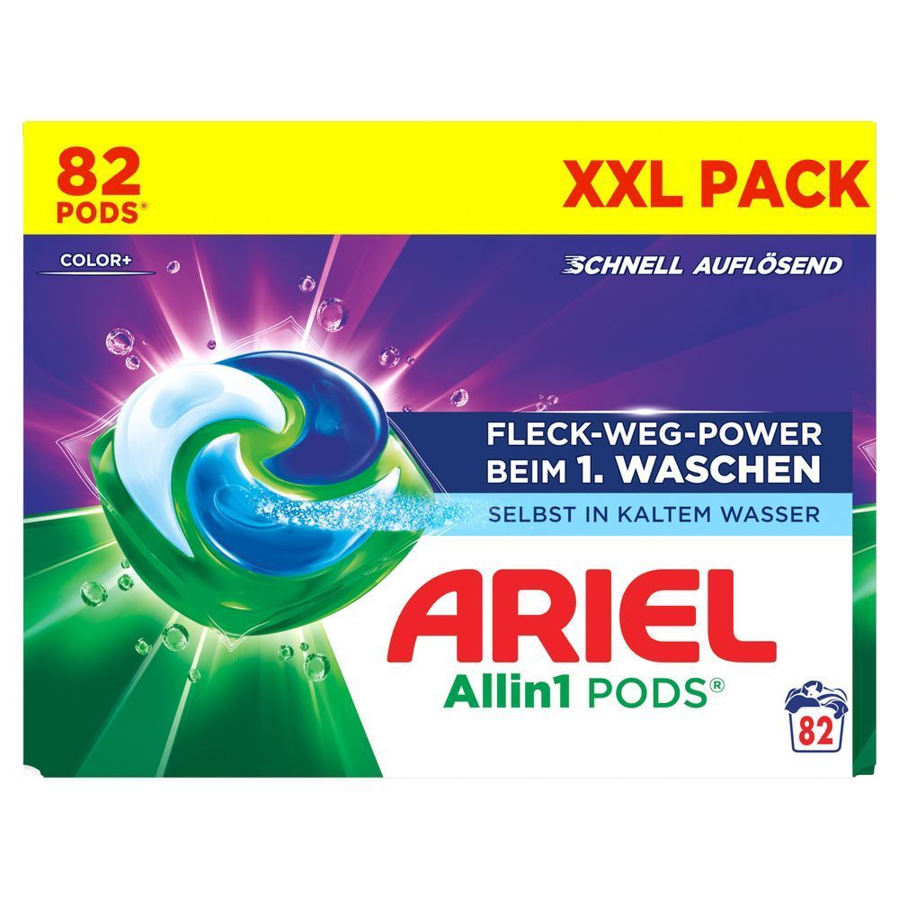Ariel Color+ Flüssigwaschmittelkapseln, 82 Wäschen, Fleck-Weg-Power beim 1.Waschen, Sofortwirkung selbst in kaltem Wasser. [IT] Ariel Allin1 PODS, confezione da 82, con la dicitura Fleck-weg-Power beim 1. Waschen (potere smacchiante al primo lavaggio).
