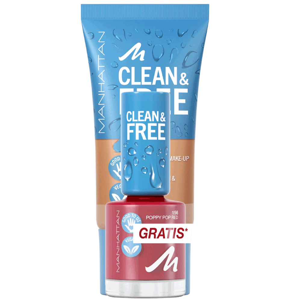 Bild: MANHATTAN Clean & Free Skin Tint + gratis Nail Polish Classic Ivory + Poppy Pop Red