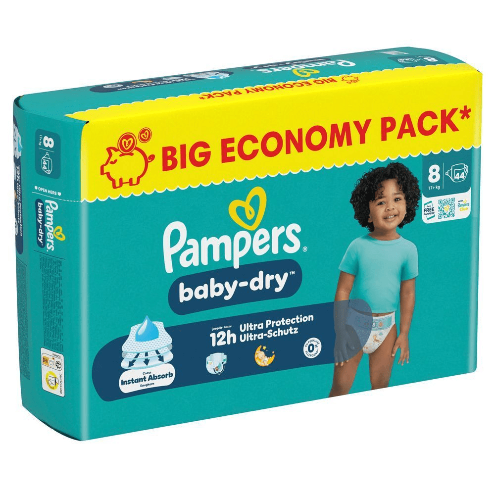 Pampers Baby-Dry Windeln im Big Economy Pack, hervorgehoben mit 12 Stunden Ultra-Schutz.