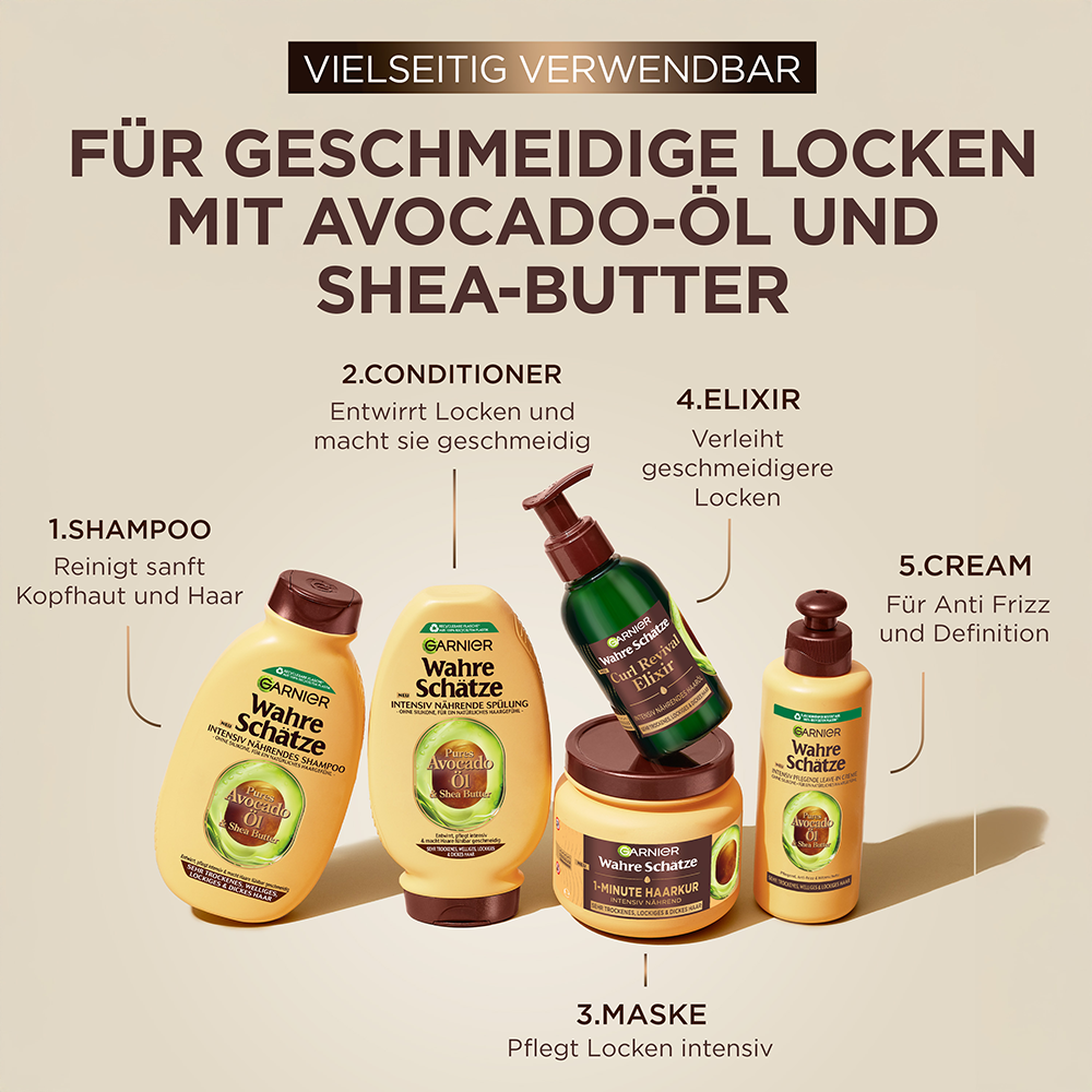 Bild: GARNIER Wahre Schätze 1-Minute Haarkur pures Avocado-Öl & Sheabutter