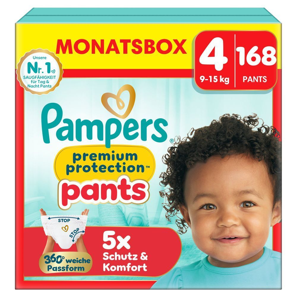 Pampers Premium Protection Pants Monatsbox, Größe 4, 168 Stück, mit 5x Schutz & Komfort