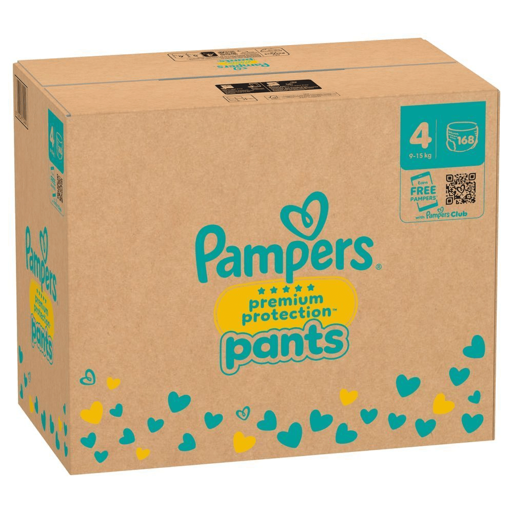 Pampers Premium Protection Pants, Größe 4, im Karton mit dem Hinweis Premium Protection. [SV] Pampers Premium Protection Pants, storlek 4, för barn som väger 9-15 kg, förpackning med 168 blöjor.