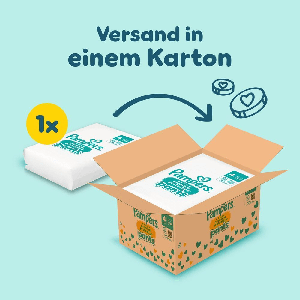 Das Bild zeigt, dass 1 Pampers Premium Protection Pants Größe 4 in einer Monatsbox inkludiert sind und in einem Karton versendet werden.