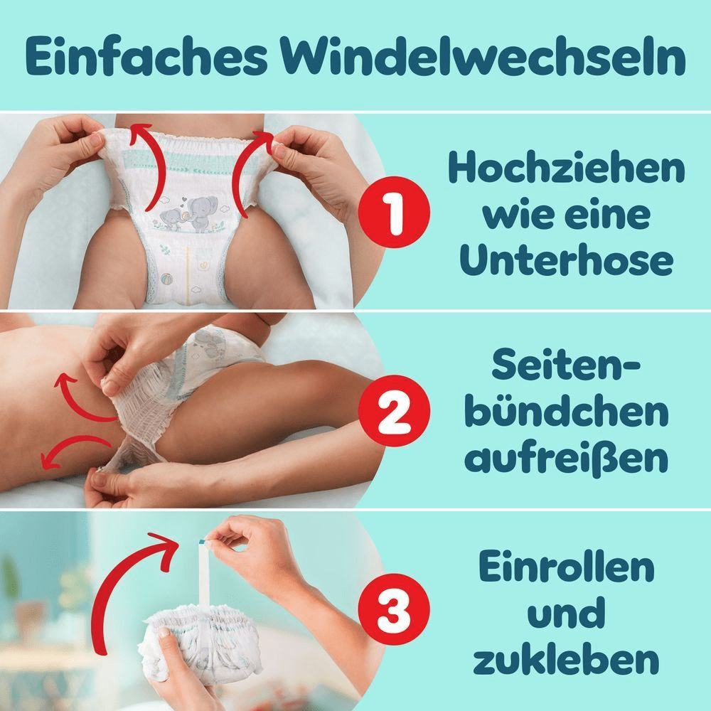 Pampers Windel-Anleitung in drei Schritten: Hochziehen wie eine Unterhose, Seitenbündchen aufreißen, einrollen und zukleben für einfaches Windelwechseln.