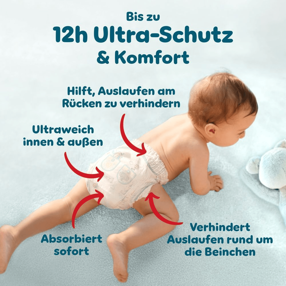Pampers Windel, die mit Pfeilen gekennzeichnet ist, um "12h Ultra-Schutz & Komfort" und Auslaufschutz zu demonstrieren.