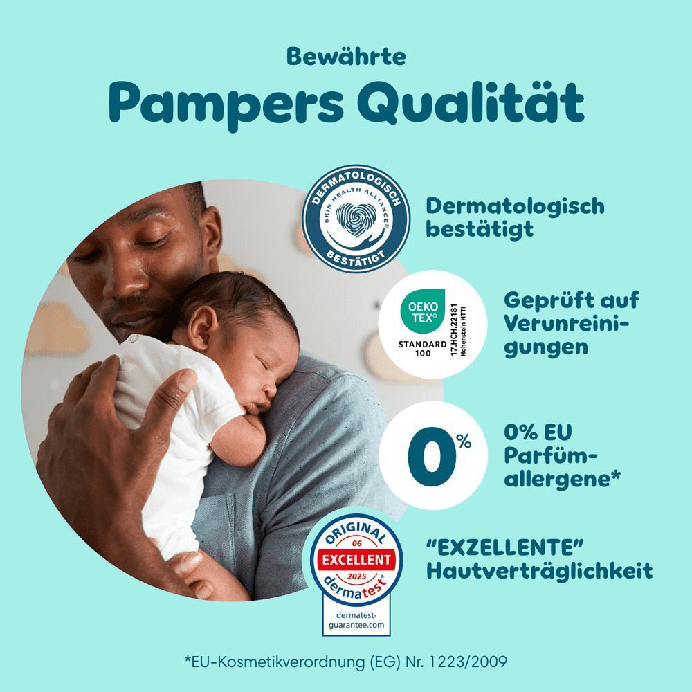 Pampers Qualität wird mit "0% EU Parfüm-allergene" und "Exzellente Hautverträglichkeit zertifiziert" hervorgehoben.