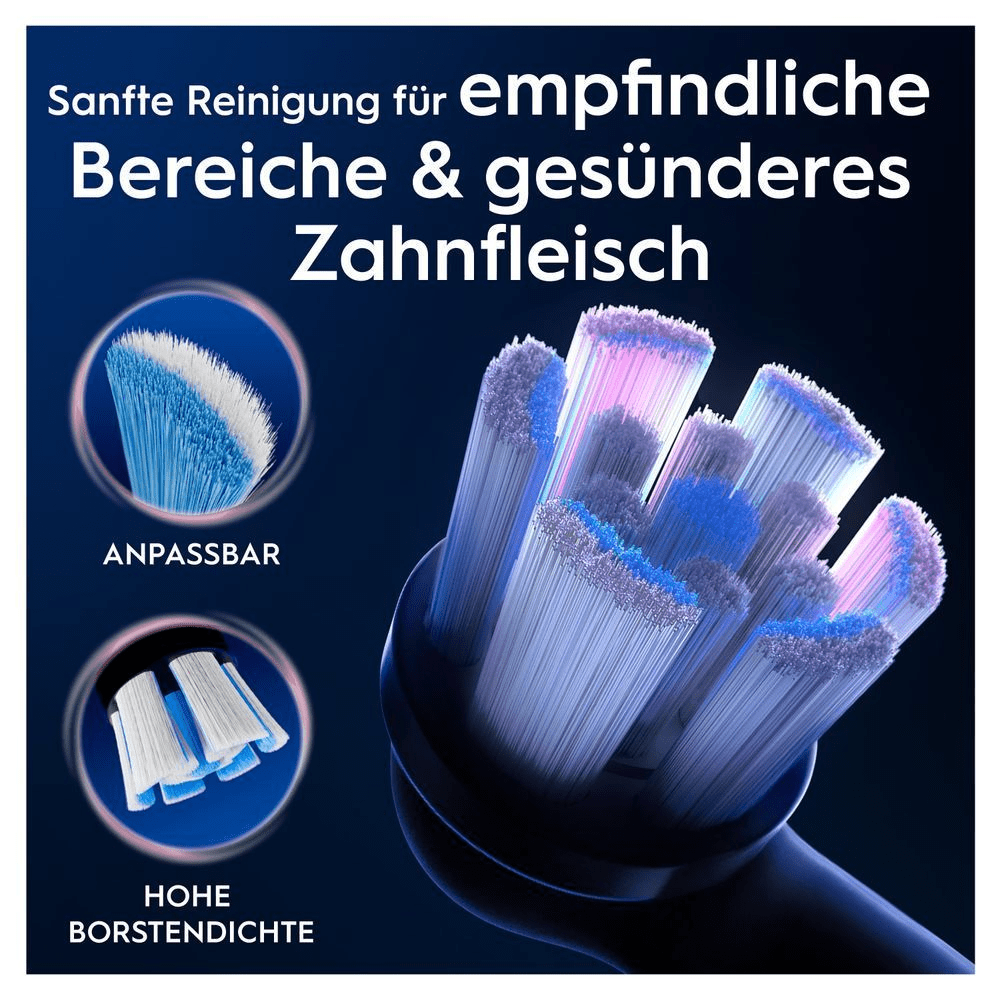 Oral-B Bürstenkopf mit anpassbaren Borsten für sanfte Reinigung und hoher Borstendichte für gesünderes Zahnfleisch.