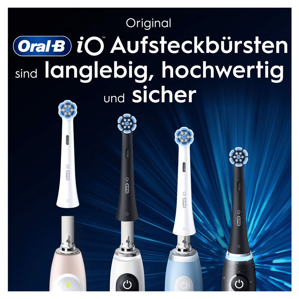 Oral-B iO Aufsteckbürsten in verschiedenen Farben, die für Langlebigkeit, Hochwertigkeit und Sicherheit stehen.