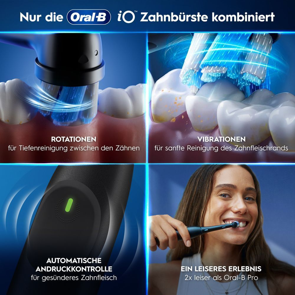 Oral-B iO Zahnbürste kombiniert Rotationen, Vibrationen, Andruckkontrolle & leises Putzen.