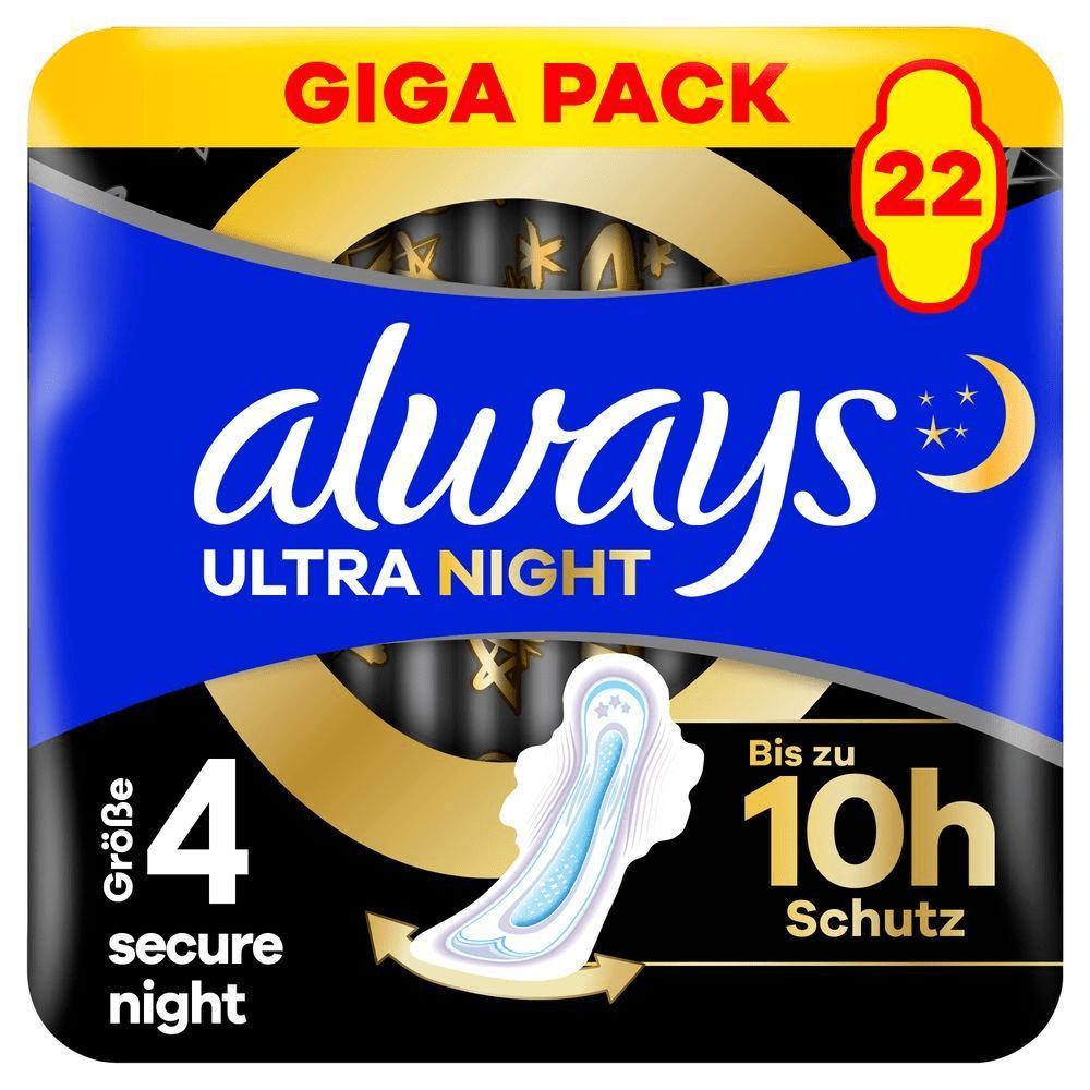 Always Ultra Night Binden, secure night, Größe 4, Giga Pack mit 22 Stück,bis zu 10 Stunden Schutz