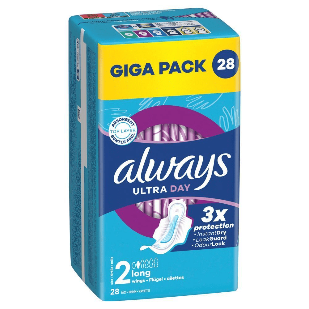 Always Ultra Day Binden, Größe 2 Long, Gigapack mit 28 Stück, 3-fach Schutz: Sofort-Trocken, Auslaufschutz und neutralisiert Gerüche;