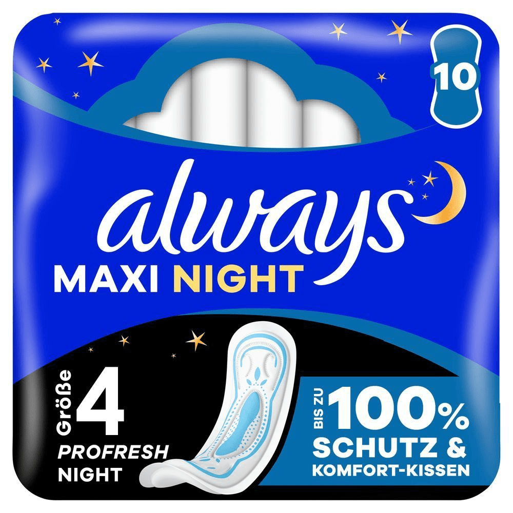 Always Maxi Night Bindenpackung, Größe 4, mit bis zu 100% Schutz & Komfort-Kissen.