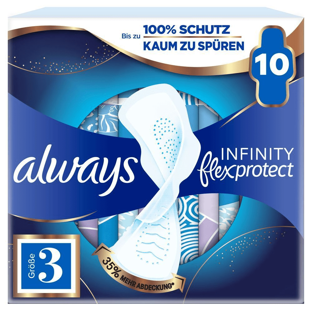 Always Infinity Flexprotect Binden, Größe 3, 10 Stück, Bis zu 100% Schutz, kaum zu spüren, 35% mehr Abdeckung hinten