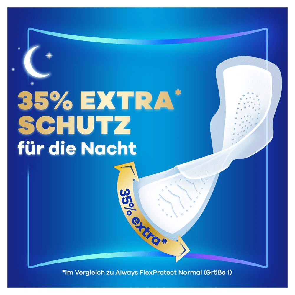Always Binden bieten 35% extra Schutz für die Nacht, wie durch einen Pfeil visuell hervorgehoben.