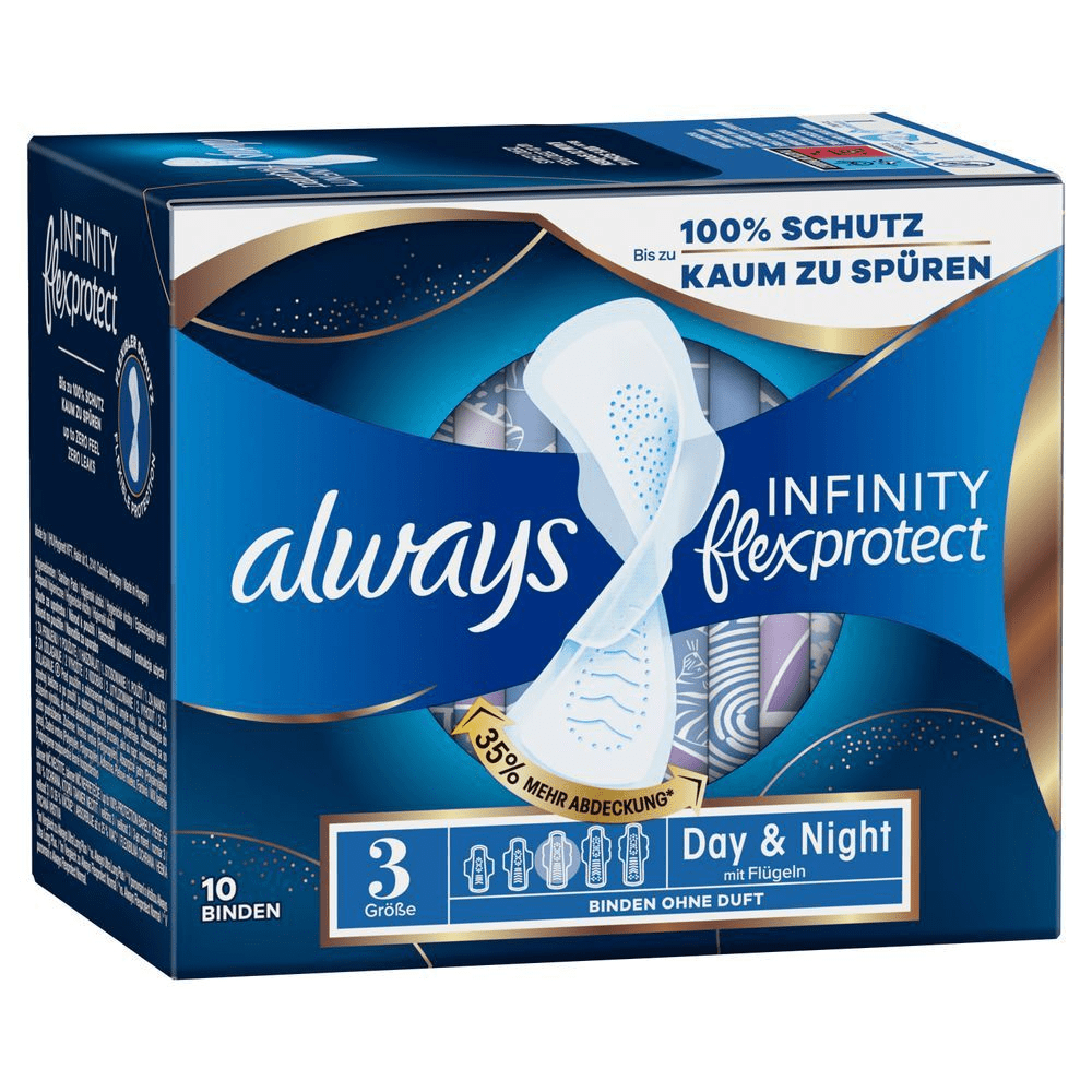 Always Infinity Flexprotect Binden, Größe 3 Day & Night, 10 Stück Bis zu 100% Schutz, kaum zu spüren [EN] Always Infinity FlexFoam Day & Night pads, highlighting the claim of up to 100% protection and barely noticeable feel.;