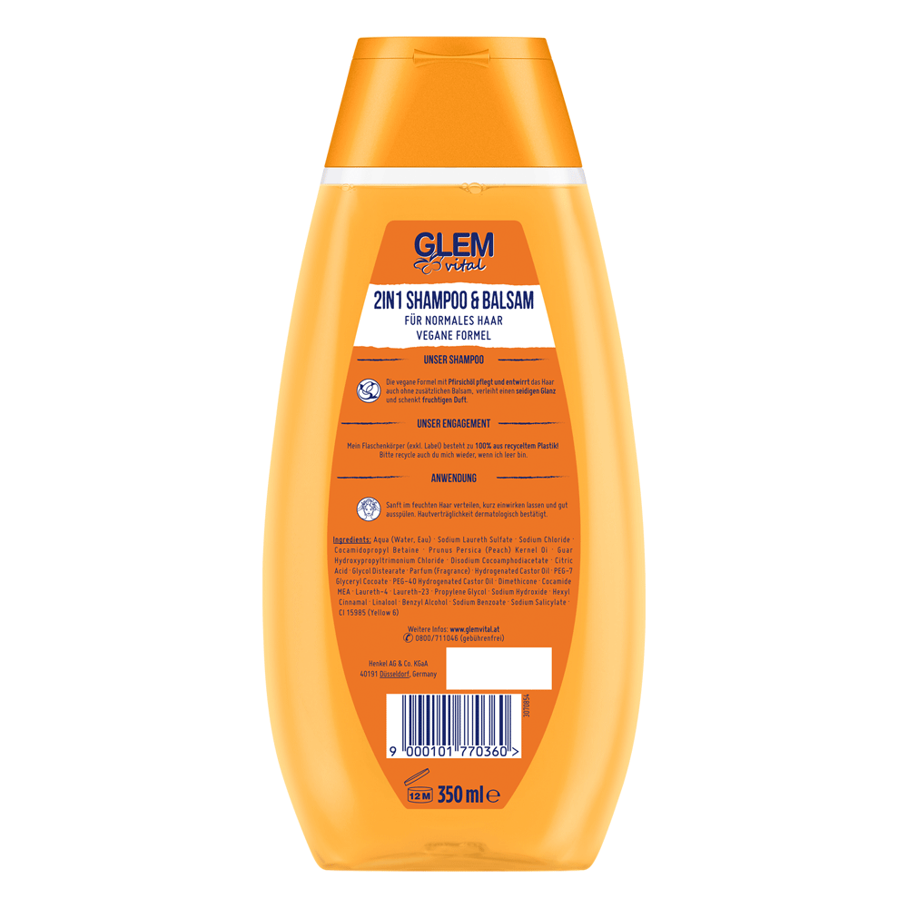Bild: GlemVital 2in1 Shampoo und Balsam Pflege und Kämmbarkeit Pfirsichöl 