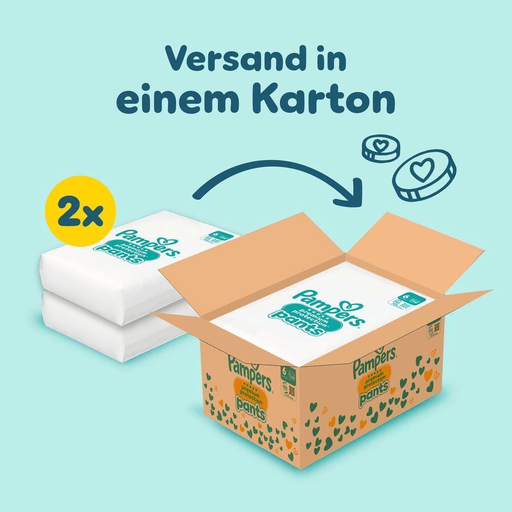 Das Bild zeigt, dass 2 Pampers Premium Protection Pants Größe 6 in einer Monatsbox inkludiert sind und in einem Karton versendet werden.