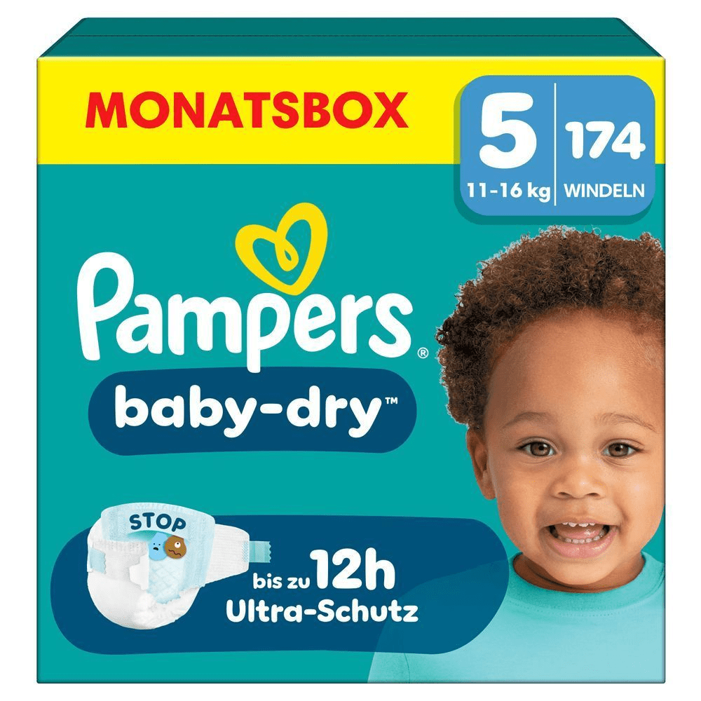 Pampers Baby-Dry Monatsbox, Größe 5, 174 Windeln, mit dem Hinweis auf bis zu 12 Stunden Ultra-Schutz. [IT] Pampers Baby-Dry taglia 5, confezione "Monatsbox" da 174 pannolini, con protezione fino a 12 ore "Ultra-Schutz".;