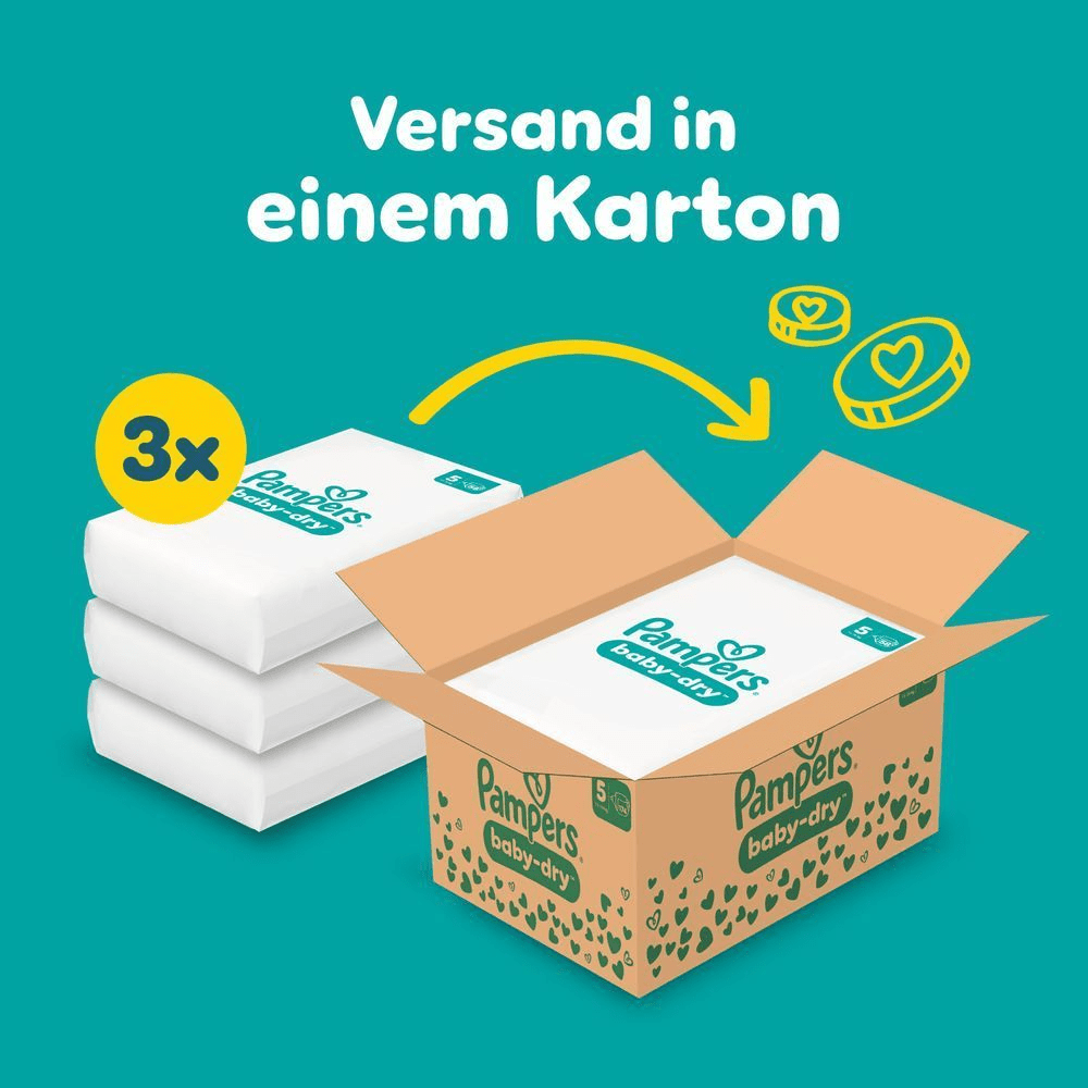 Das Bild zeigt, dass 3 Pampers Baby-Dry Größe 5 in einer Monatsbox inkludiert sind und in einem Karton versendet werden.