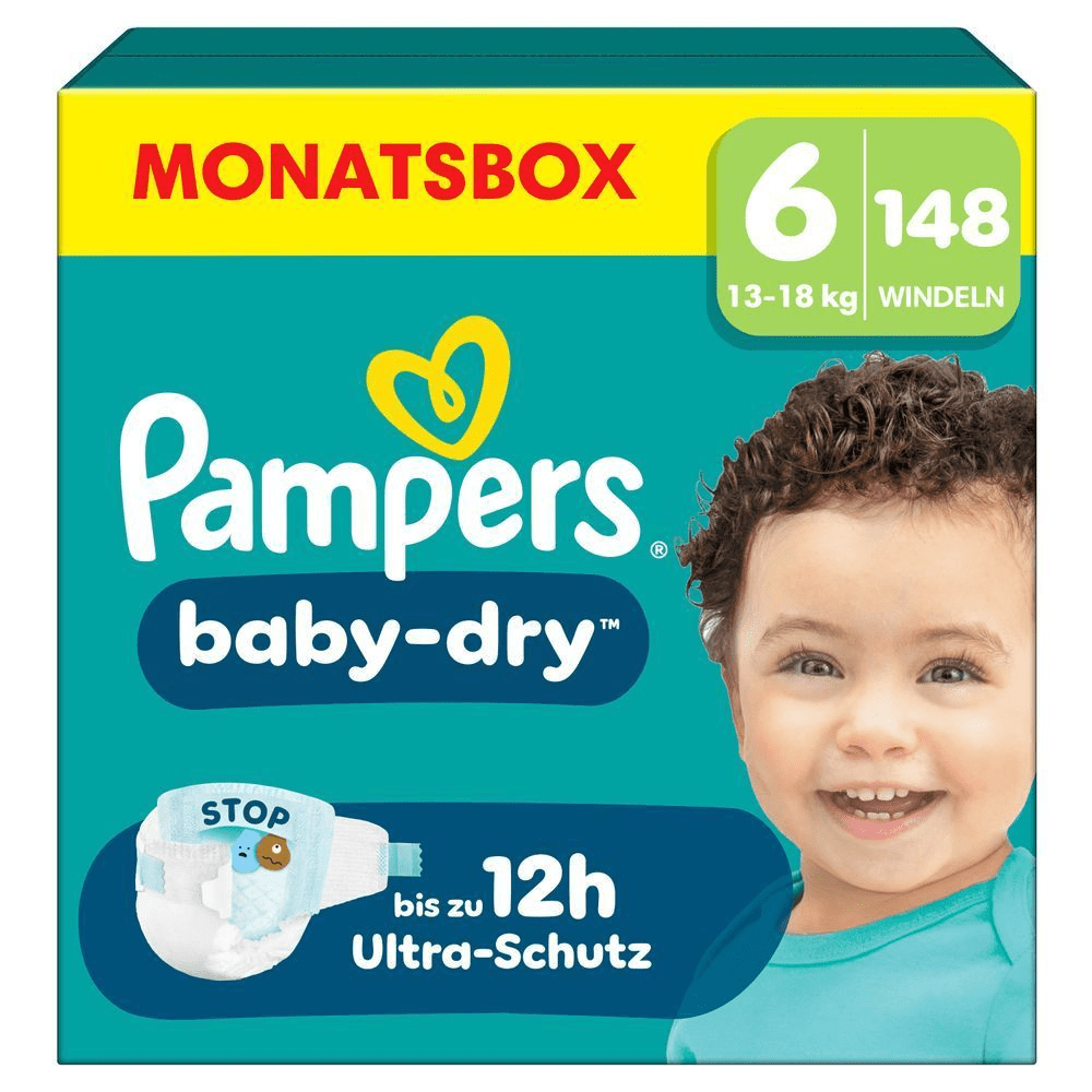 Pampers Baby-Dry Monatsbox, Größe 6, 148 Windeln, mit bis zu 12 Stunden Ultra-Schutz.