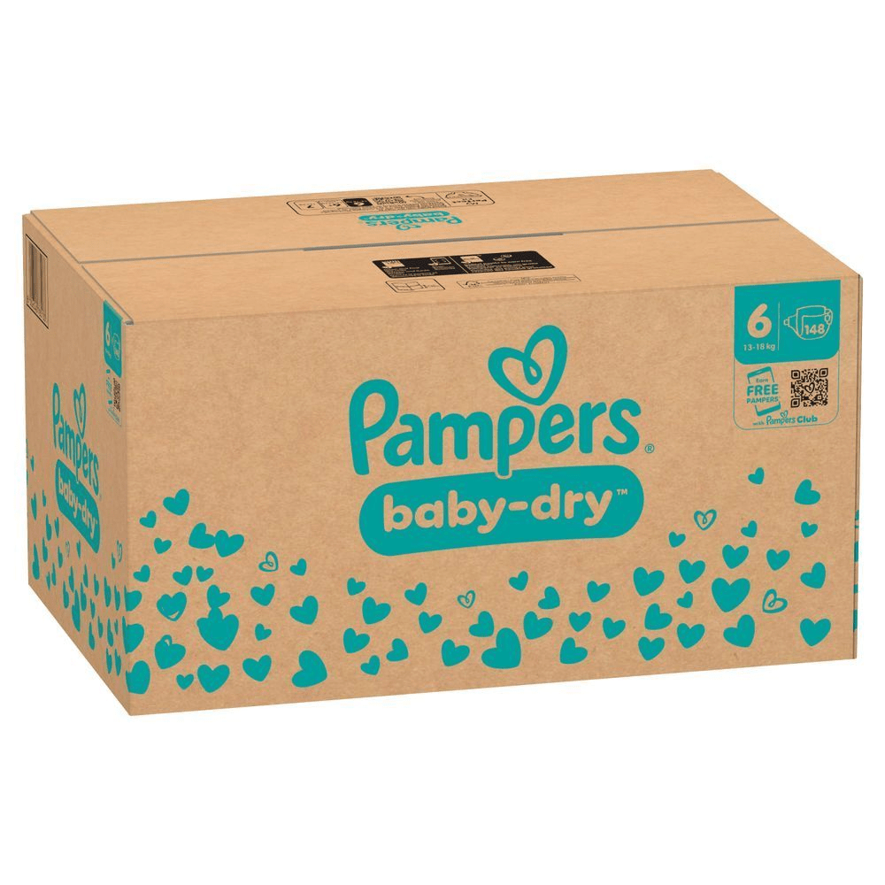 Pampers Baby-Dry Windeln, Größe 6, im Karton mit dem Hinweis auf eine Gratis-Windelaktion mit dem Pampers Club.