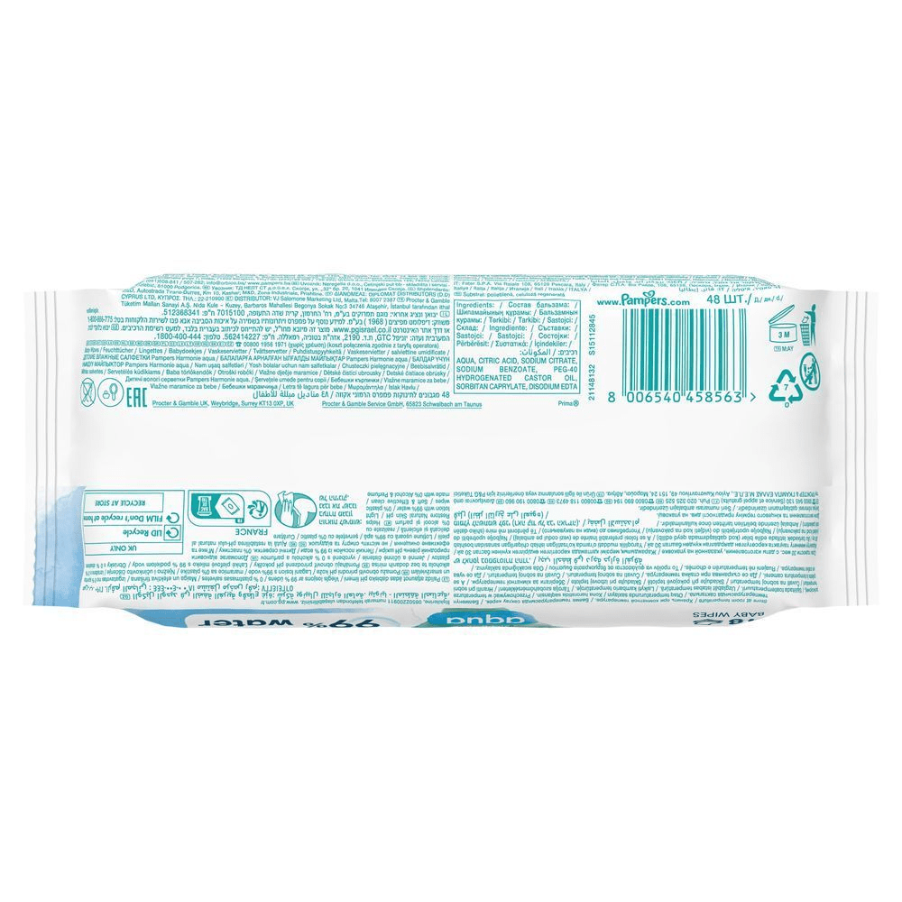 Pampers Harmonie Aqua Feuchttücher, 48 Stück, mit der Hervorhebung "99% Wasser" und ohne Plastik im Tuch, Alkohol und Parfüm hergestellt. [EN] Pampers Harmonie Aqua baby wipes, 48 count, highlighting 99% water and 0% plastic in the wipes. [RO] Pampers Harmonie Aqua, 48 bucăți, șervețele umede pentru copii, cu 99% apă și 0% plastic, fără alcool sau parfum. [SV] Pampers Harmonie Aqua babwipes, 48 stycken, med 99% vatten och 0% plast för en skonsam och effektiv rengöring. [IT] Pampers Harmonie Aqua, 48 salviette per bambini, realizzate con 99% di acqua e 0% plastica, senza alcol e profumo. [HR] Pampers Harmonie Aqua dječje vlažne maramice, 48 komada, s naglaskom na formulu s 99% vode. [CS] Pampers Harmonie Aqua dětské ubrousky, 48 kusů, s 99% vody a 0% plastu, alkoholu a parfemace. [HU] Pampers Harmonie Aqua babatörlőkendő, 48 darabos kiszerelés, kiemelve a 99%-os víztartalmat és a 0% műanyagot. [SK] Pampers Harmonie Aqua detské vlhčené obrúsky, balenie zdôrazňuje 99% obsah vody a 0% plastov. [SL] Pampers Harmonie Aqua otroški vlažilni robčki, 48 kosov, z 99% vodo, nežno in učinkovito čiščenje, izdelani brez alkohola in parfumov. [FI] Pampers Harmonie Aqua -vauvanpyyhkeet, 48 kpl. Sisältää 99% vettä, hellävarainen puhdistus ilman alkoholia ja hajusteita. [NO] Pampers Harmonie Aqua våtservietter, 48 stk, med 99% vann og 0% plast, for skånsom og effektiv rengjøring.;