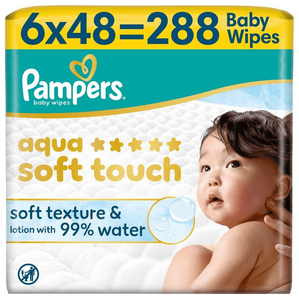 Pampers Aqua Soft Touch Feuchttücher, 6x48 = 288 Stück, unsere beste Reinigung und Hautschutz.