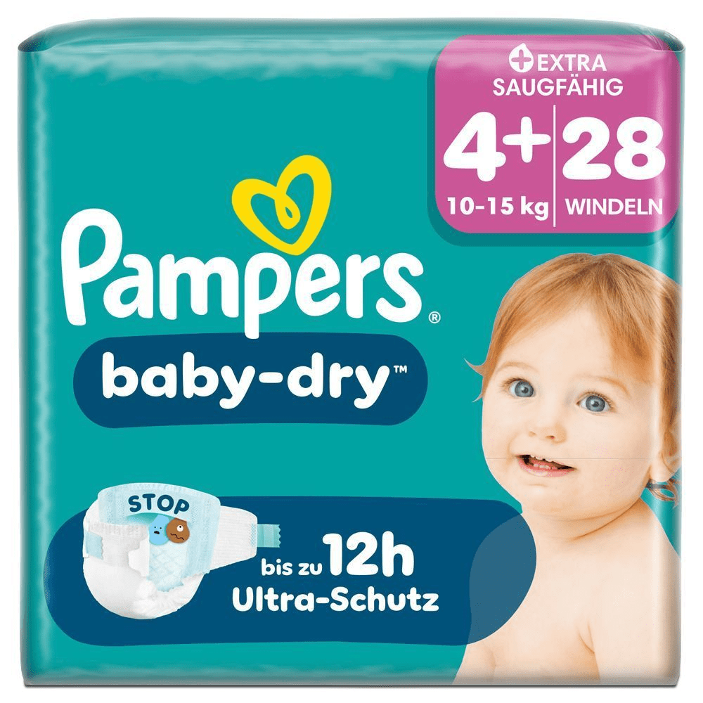 Pampers Baby-Dry Windeln, Größe 4+, 28 Windeln, mit bis zu 12 Stunden Ultra-Schutz.