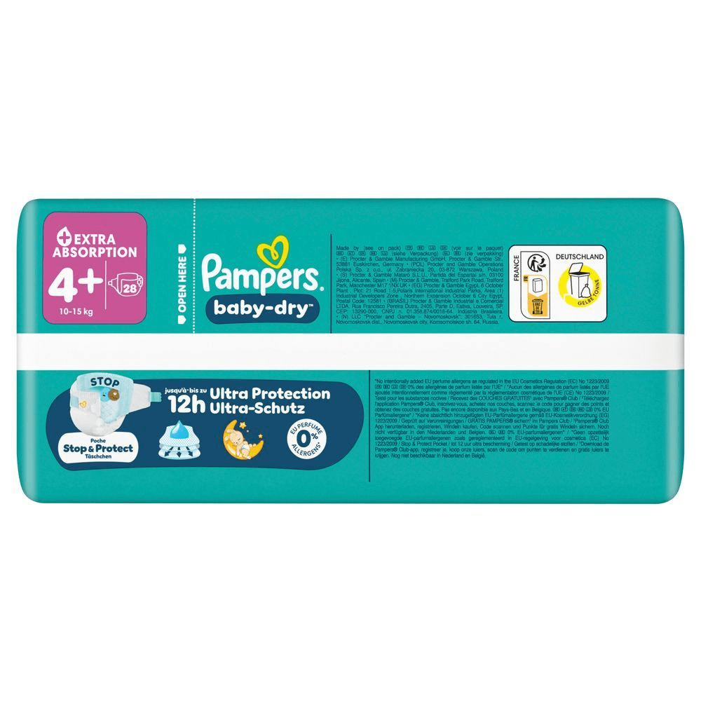 Pampers Baby-Dry Windeln, Größe 4+, mit dem Hinweis bis zu 12h Ultra-Schutz und 0% EU-Parfümallergene.