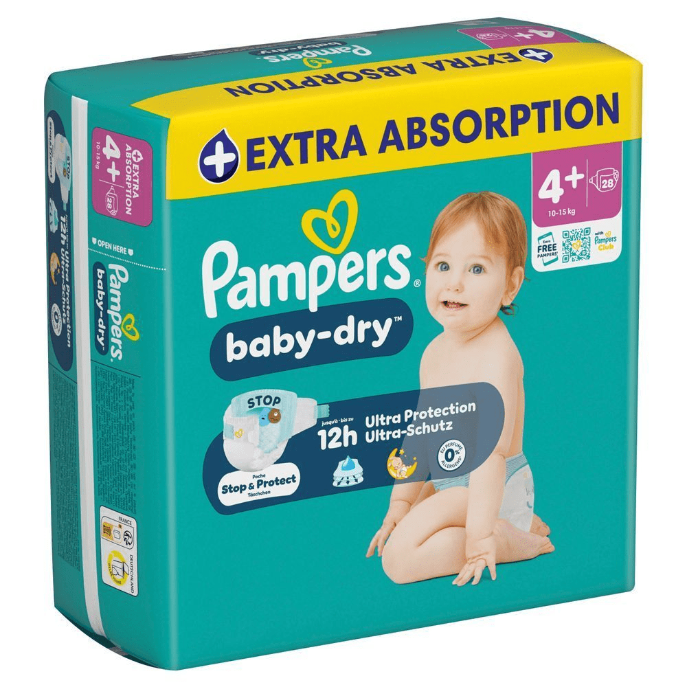 Pampers Baby-Dry Windeln im Karton, hervorgehoben mit Extra Absorption und bis zu 12 Stunden Ultra-Schutz.