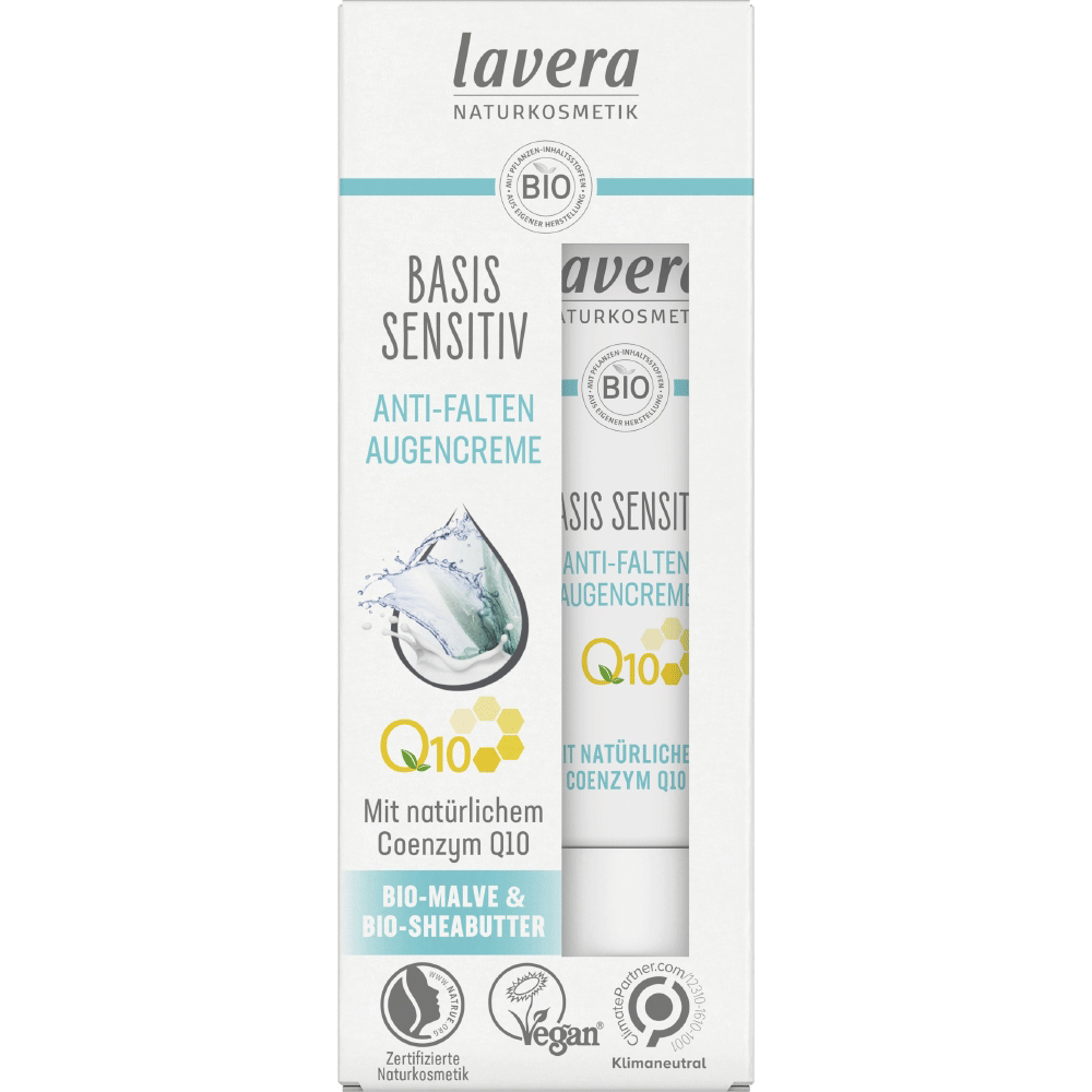 Bild: lavera Basis Sensitiv Anti-Falten Augencreme Coenzym Q10, Bio-Malve & Bio-Sheabutter