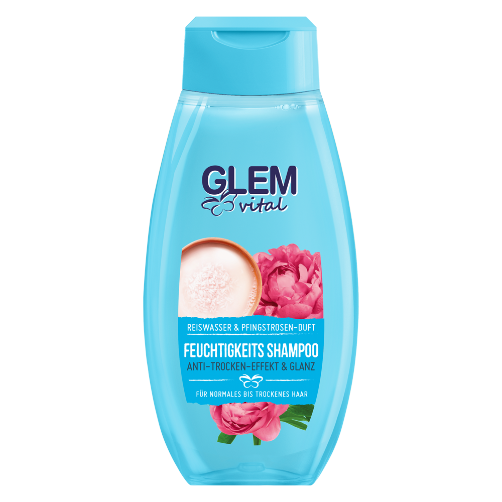 Bild: GlemVital Feuchtigkeits Shampoo Reiswasser & Pfingstrosen Duft