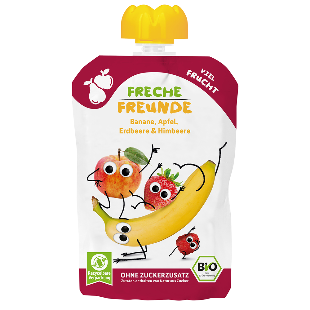 Bild: Freche Freunde Quetschie Banane, Apfel, Erdbeere und Himbeere 