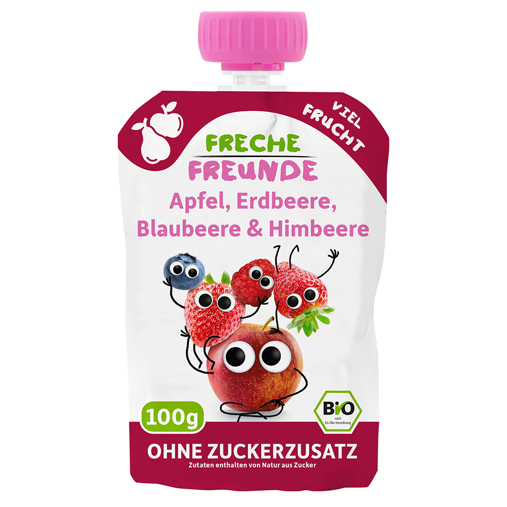 Bild: Freche Freunde Quetschie Apfel, Erdbeere, Blaubeere und Himbeere 