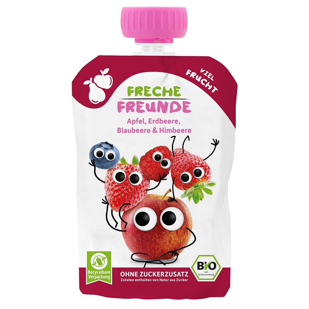 Bild: Freche Freunde Quetschie Apfel, Erdbeere, Blaubeere und Himbeere 