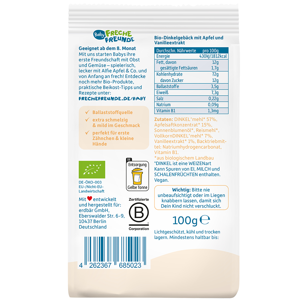 Bild: Freche Freunde Babykeks Dinkel, Apfel und Vanille 