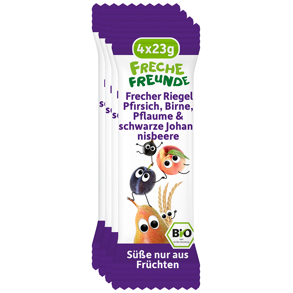 Bild: Freche Freunde Frecher Riegel Pfirsich, Birne, Pflaume und schwarze Johannisbeere 