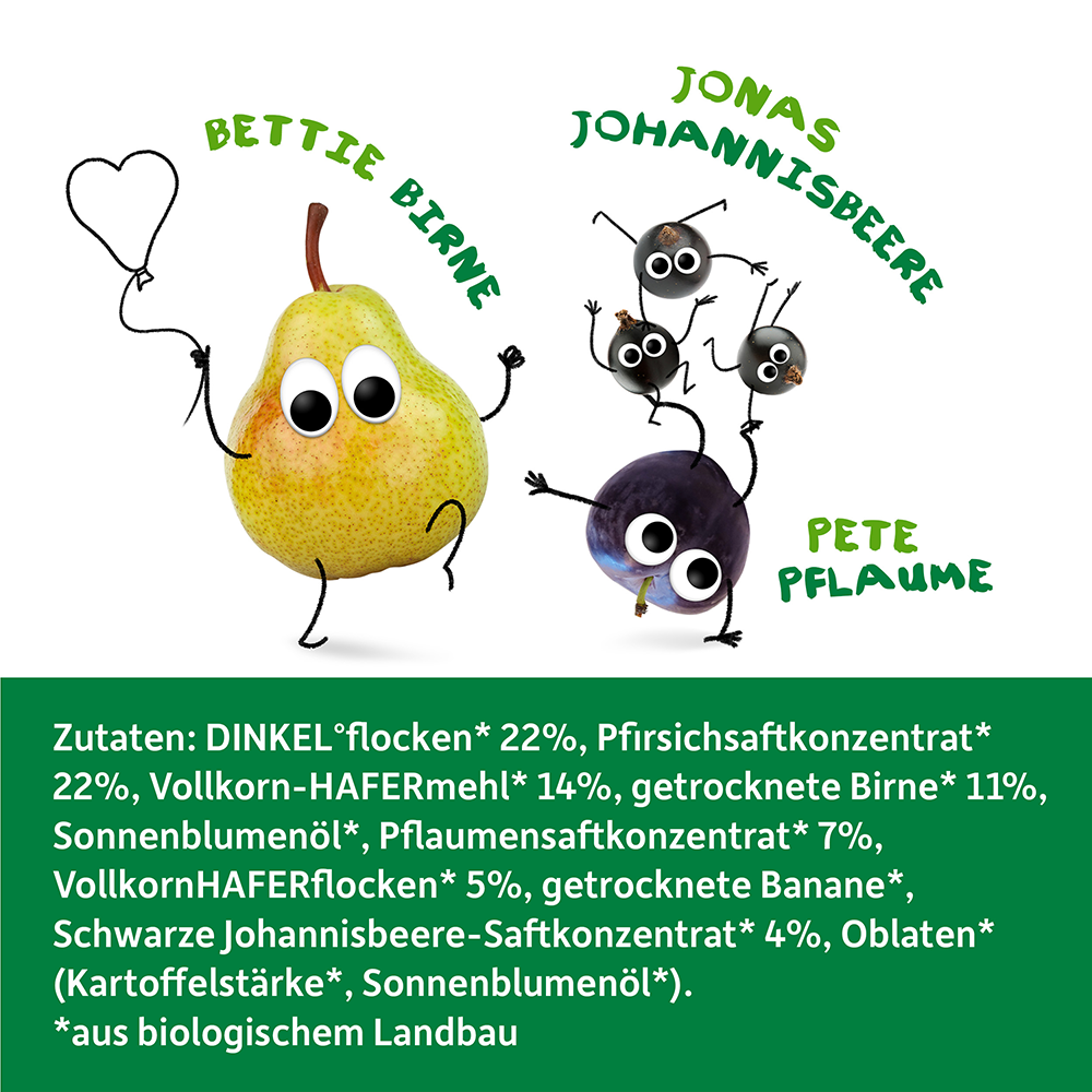 Bild: Freche Freunde Frecher Riegel Pfirsich, Birne, Pflaume und schwarze Johannisbeere 